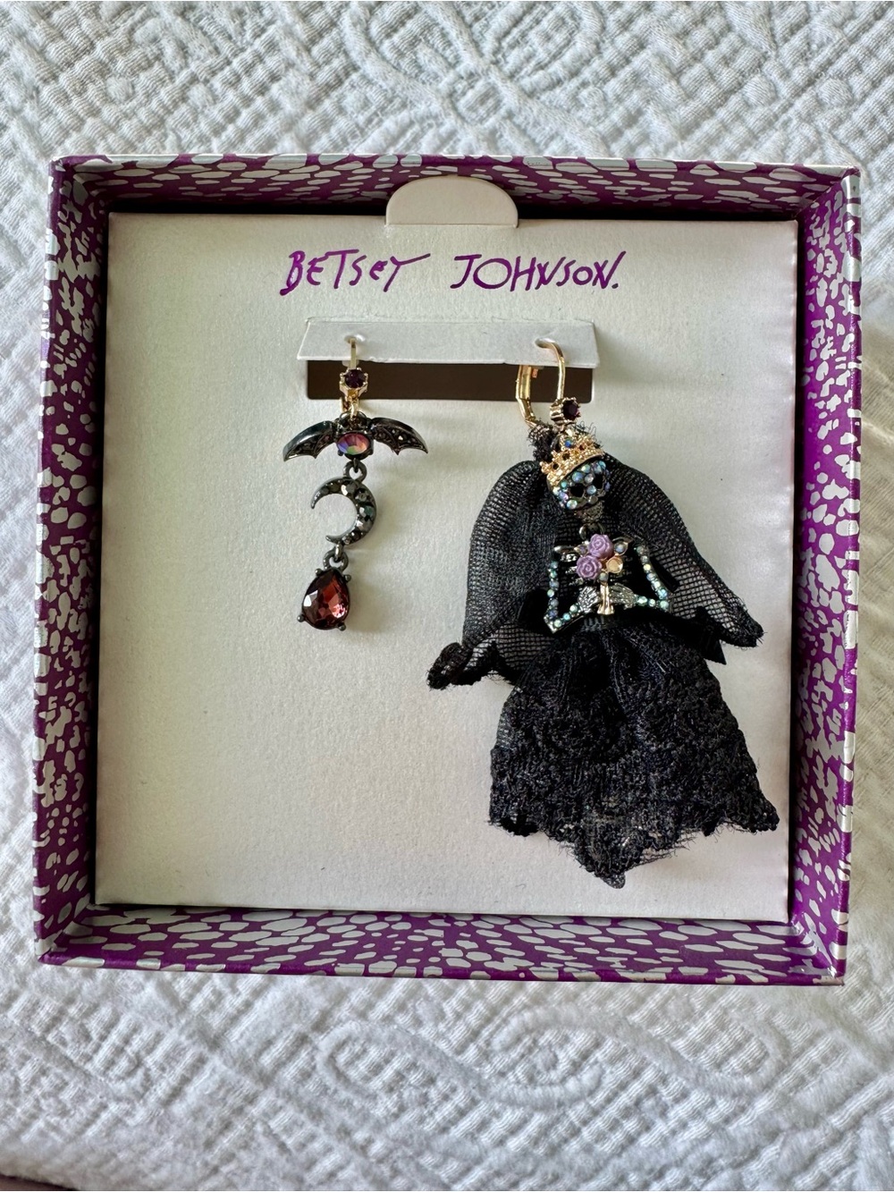 Betsey Johnson Black Gothic Skeleton & Moon Drop Earrings with Crystal Accents